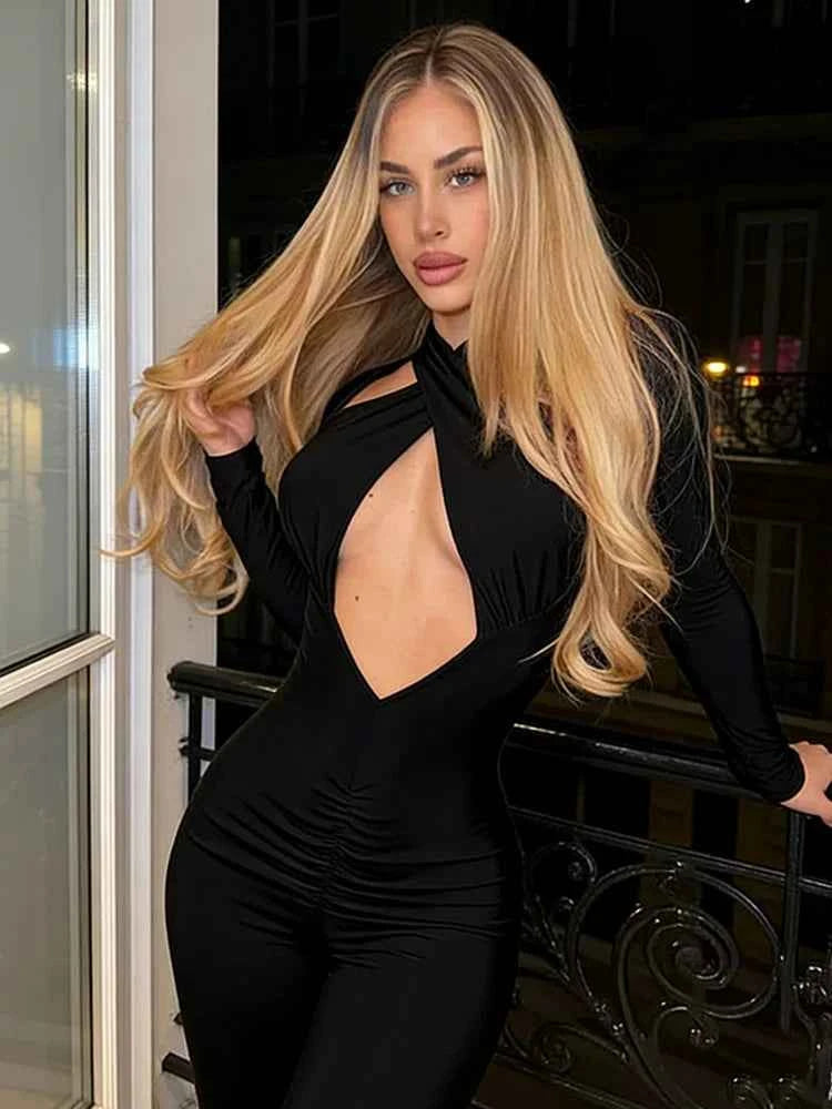 CNYISHE Cut Out Solid Halter Long Sleeve Sheath Women Jumpsuits Fashion Chic Casual Female Tompers Sexy Club Streetwear Outfits