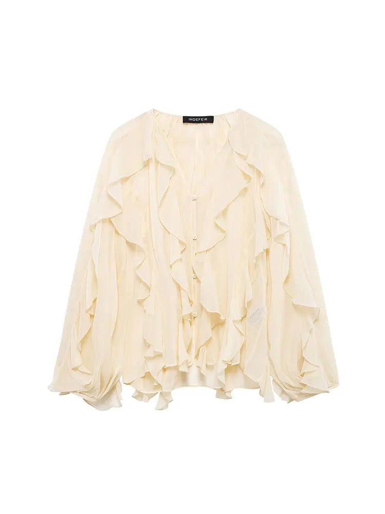 Camisa feminina casual com babados, solta, com cadarço, decote em V, blusas femininas para primavera de 2025