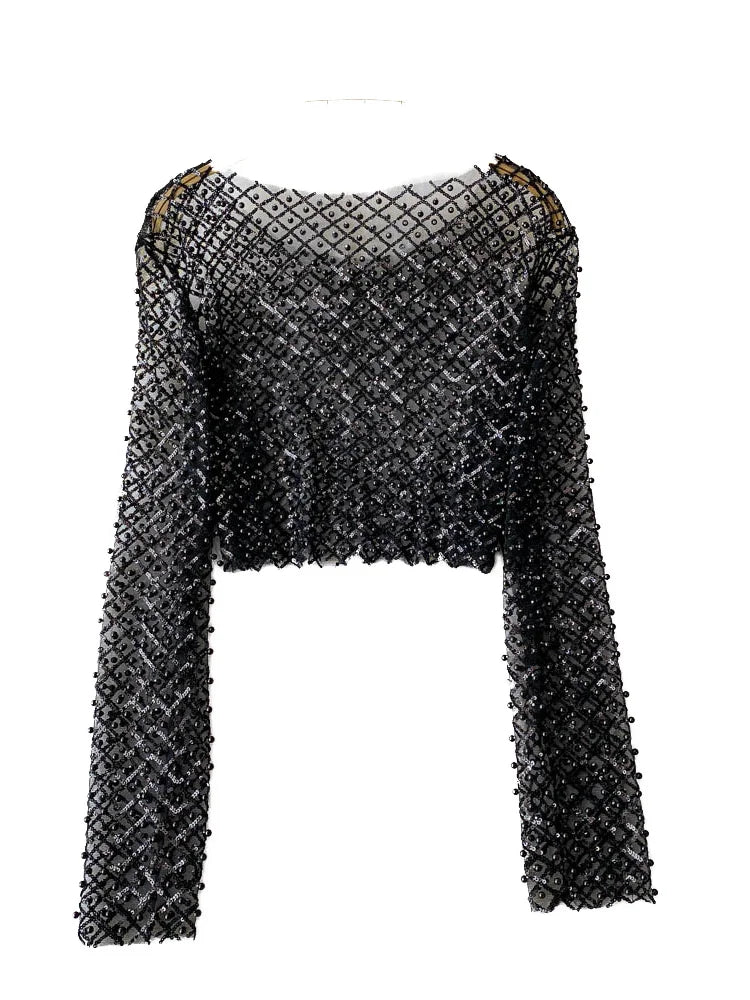 Slim Fit Short Sleeveless T-Shirt Women's New Style round Neck Long Sleeve Shiny Sequin Heavy Duty Bead Commute Style Korean ...