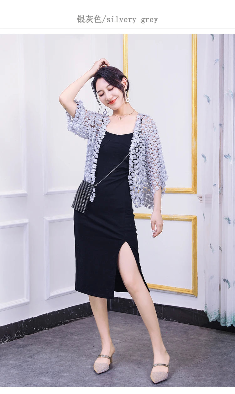 Women Beads Coat 2025 Summer Style Women Perspective Shawl Fashion Hollow Out Lace Boleros Short Sleeve Coats Jackets Femal