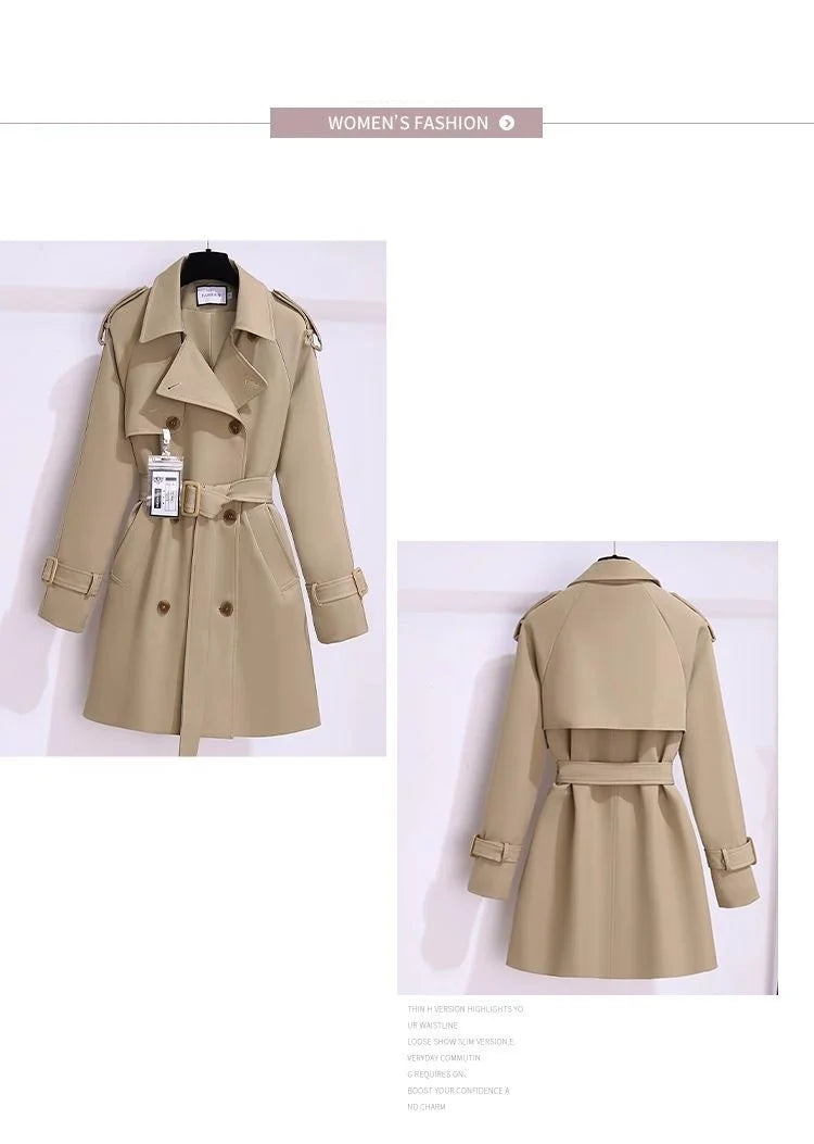 Women's Windbreaker 2026 Spring Autumn New Slim Double-breasted Temperament Coat With belt Femle mid length Casual Trench coat