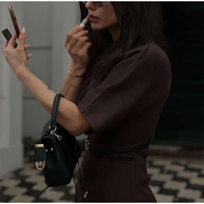 Vestido longo elegante com decote redondo e manga curta, moda feminina, liso, plissado, gaze, patchwork, 2025, novo, para escritório