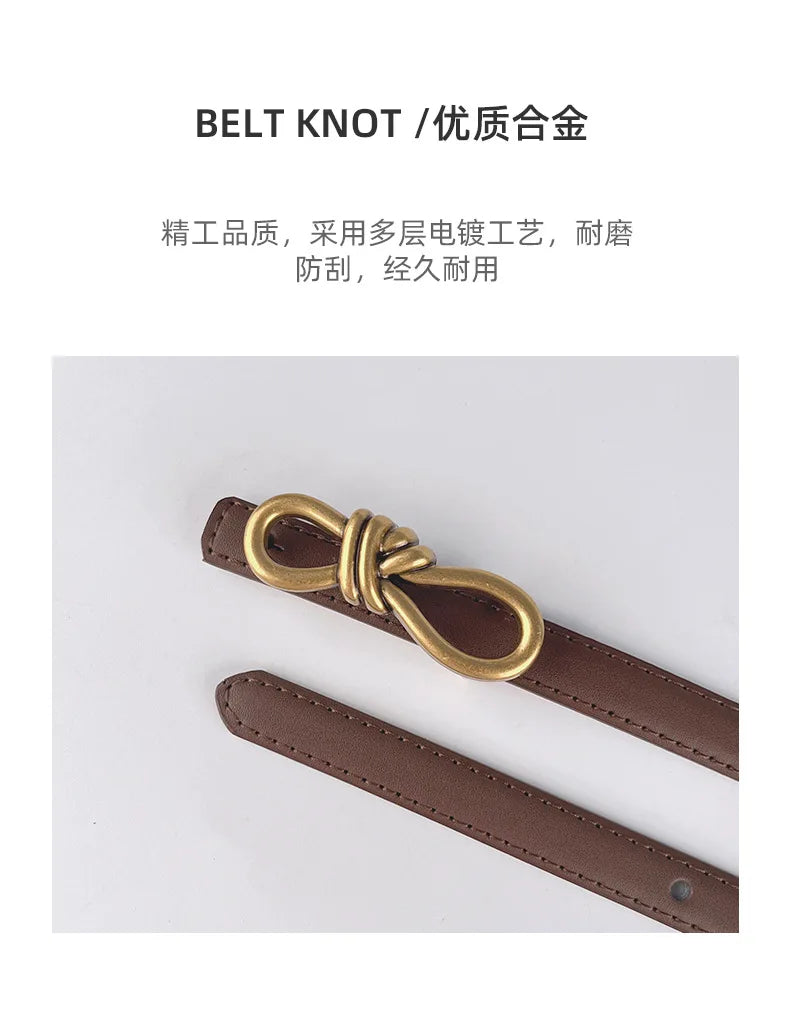 Korea Women Genuine Leather Knotted Thin Waist Belt Fashion Geometric Butterfly Gold Buckle Adjustable Corset Belt For Women