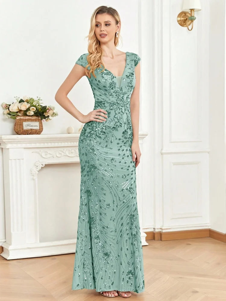 BLUEPLUM New Elegant Green SequinS Evening Dress Women Long Luxury Mermaid Formal Deep V-neck Prom Luxury Wedding Party Gowns