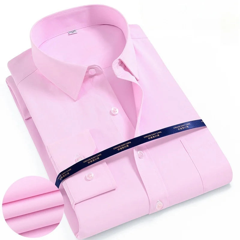 Camisa masculina de manga comprida, lisa, básica, formal, confortável, social, de ajuste padrão, fácil de cuidar, camisa de escritório, tamanho S-5XL