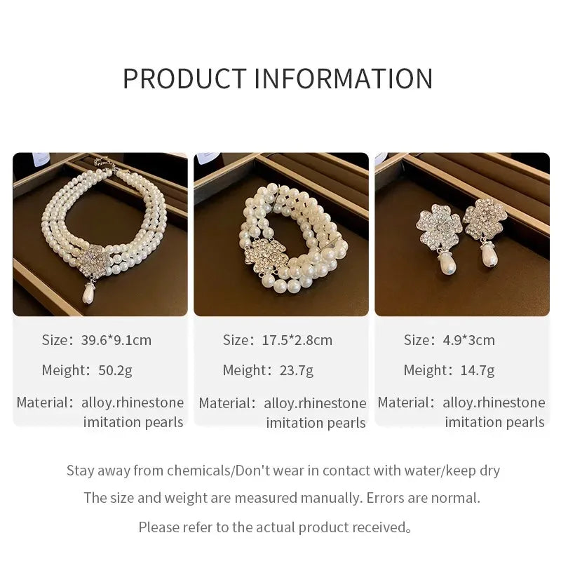 Flower Party Necklaces Women French Luxury Imitation Pearl Multi-layer Necklaces Bracelet Earrings Rhinestone Jewelry Sets K-