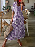 Women's 2024 Spring Summer New Casual Sweet Loose Sexy V-neck Fashion Printed Hanging Beard Middle Sleeve Long Dress For Women