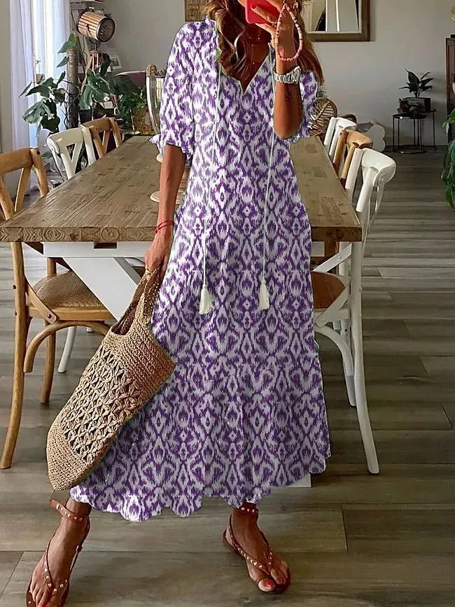 Women's 2024 Spring Summer New Casual Sweet Loose Sexy V-neck Fashion Printed Hanging Beard Middle Sleeve Long Dress For Women