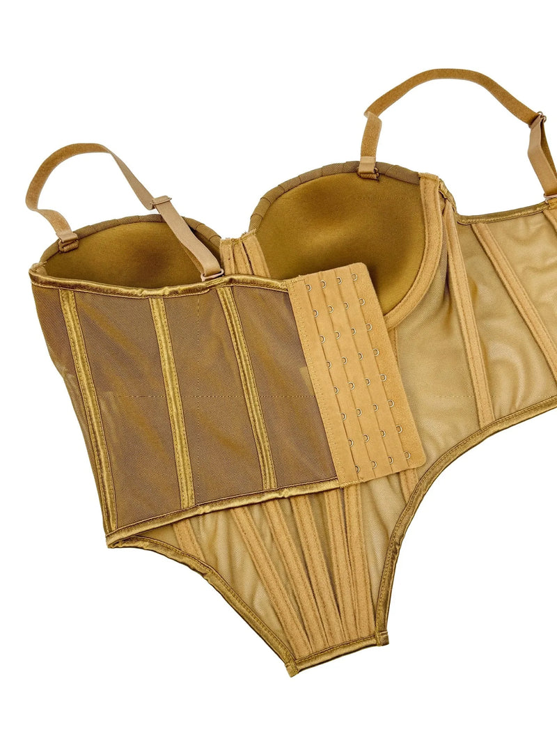 Corpete transparente de malha feminino, faixa espinha de peixe na cintura, corpete bustiê, tops sensuais