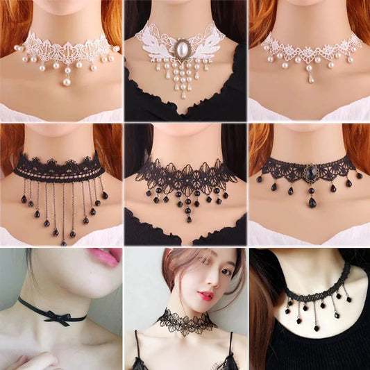 XUBCHC Gothic Hollow Vintage Lace Choker Necklace for Women Gem Decorated Christmas Theme Fashion Jewelry Accessory