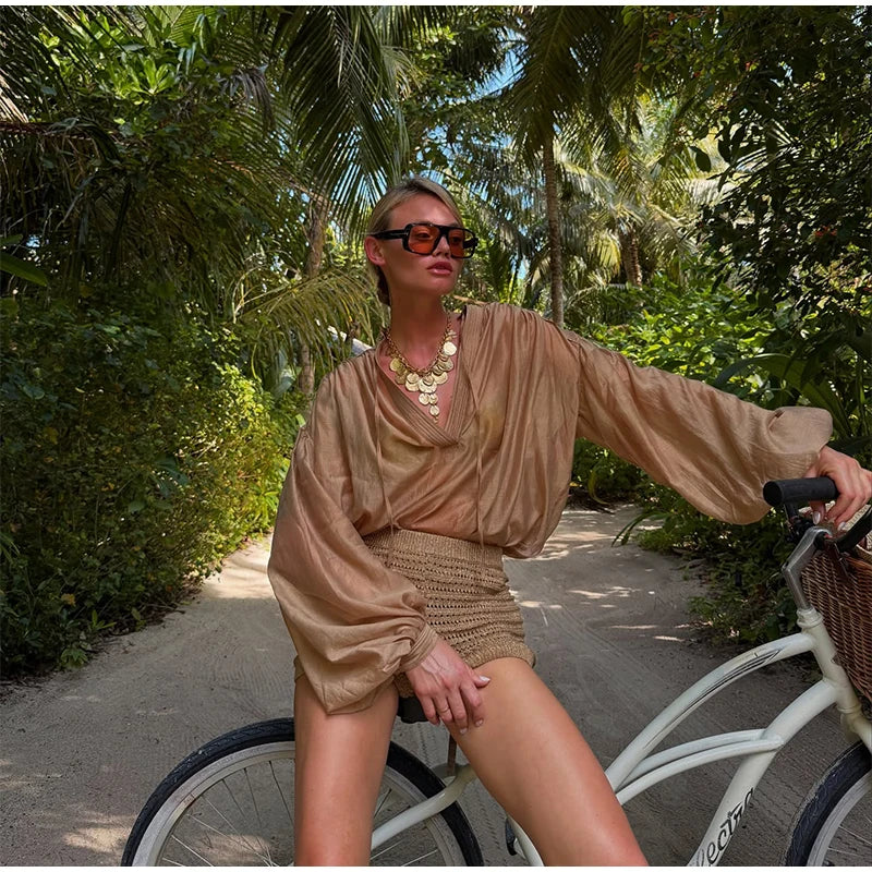 Camisa feminina elegante e solta, com cadarço, gola redonda, manga lanterna, camiseta feminina, primavera/verão 2025, moda urbana, tops femininos emendados