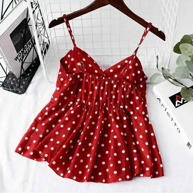 Red Polka Dot Print Chiffon Short V-Neck Sleeveless Sexy Pullover Women's Blouse Shirt Korean Fashion Female Clothing Tops 2024