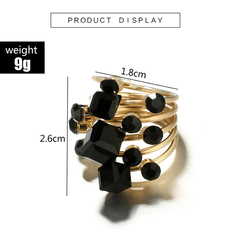Tocona Punk Antique Black Crystal Stone Opening Joint Rings Set for Women Men Adjustable Gothic Statement Party Jewelry anillos