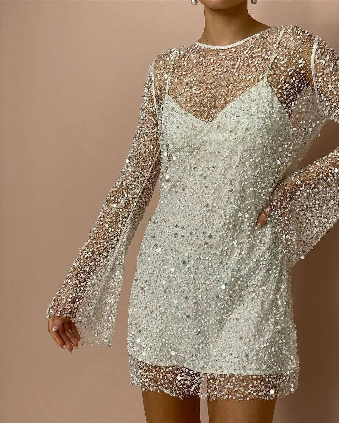 2PCS Women's Summer Suspender Dress With Sequined Seersucker  Perspective Mesh Strap Design Party Dress Up Black And White