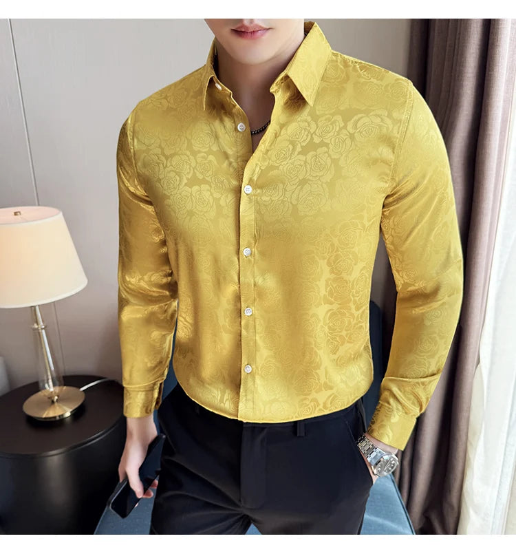 Men's Social Shirt New Rose Printed Long Sleeve Shirt Luxury Fashion Business Slim Fit Formal Shirt Men's Clothing 4XL-M