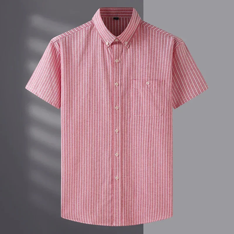 New Summer Men Striped Short Sleeve Shirt Men Dress Shirts Pure Color Business Work Button Up Shirt Big Social Korean Clothes