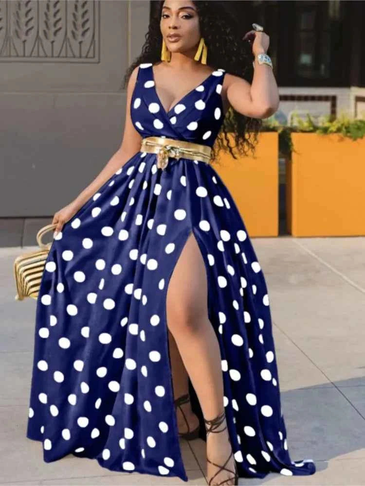 Sexy Deep V Neck Polka Dot Long Dress For Women Summer Boho Sleeveless Slim Print Side Slit Party Maxi Dresses Robe Femme