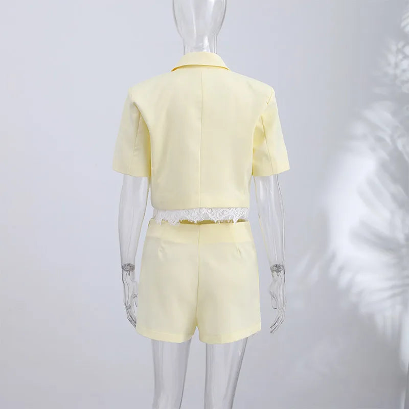 Fashion Lace Insert Two-Piece Suit Women Lapel Short Sleeve Cropped Blazer Mini Culottes 2026 Summer New Lady Office Party Wear