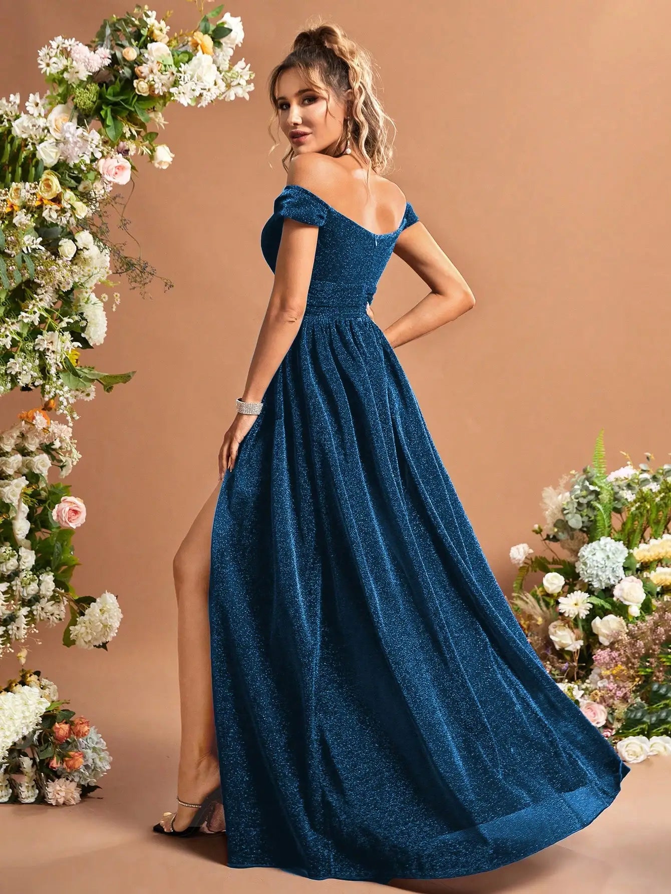 Off Shoulder Split Thigh Glitter Dress