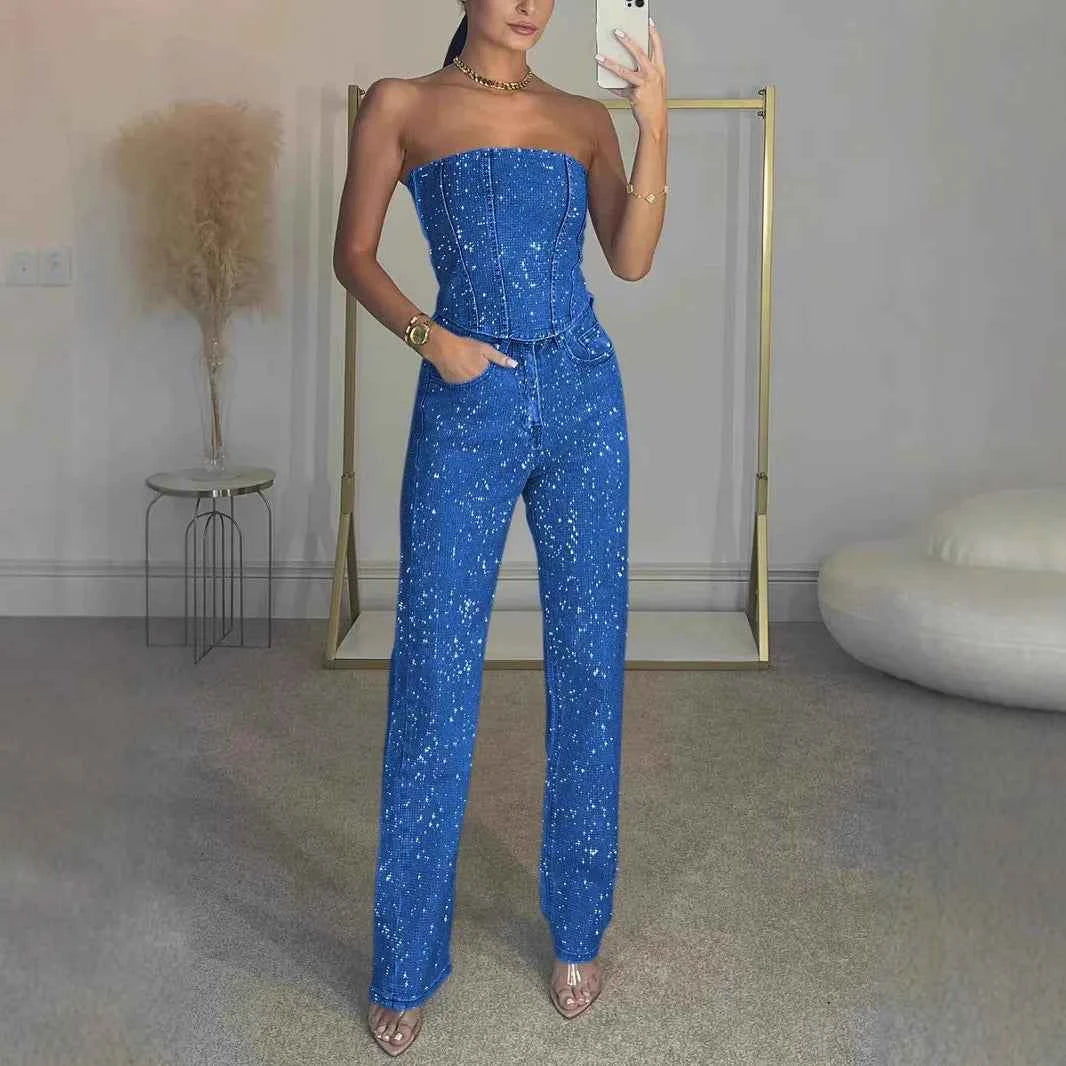 Shiny Two-Piece Suit Set for Women Sexy Shoulder-Baring Crop Top And Long Pants Glittering Rhinestones Fall Fashion Outfit