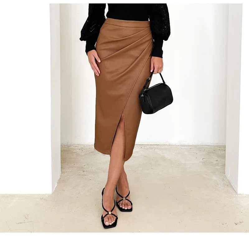 Women Midi Leather Skirt Sexy Split High Waist Zipper PU Front Slit Skirts Ladies Black Faux Leather Folded Skirt For Women