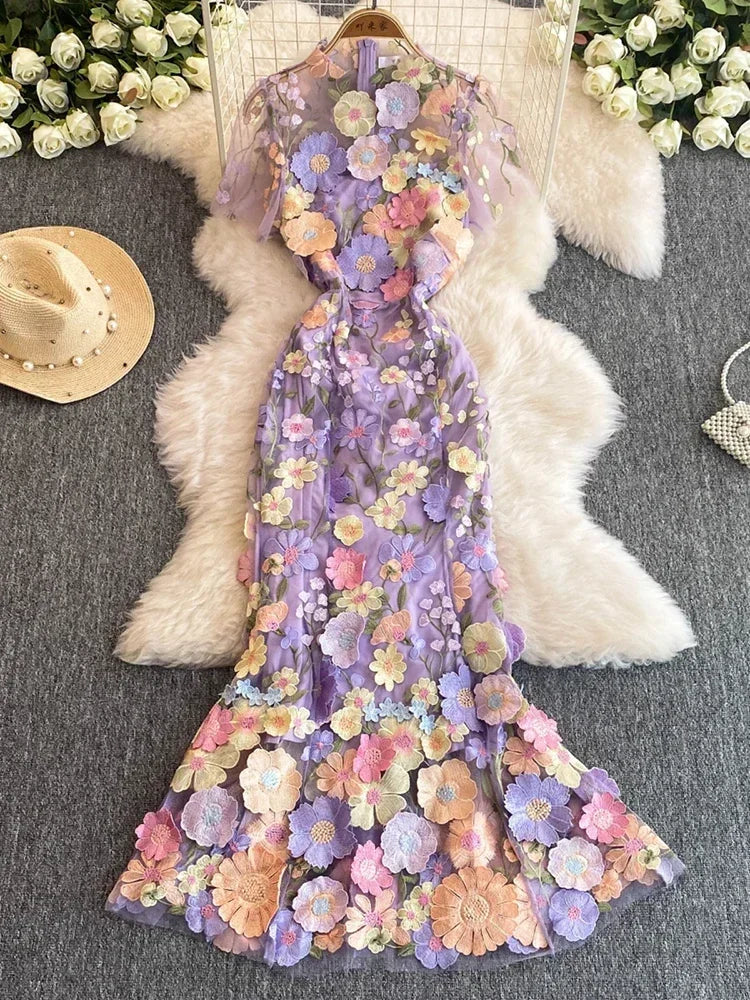 Summer High-end Embroidery Lace Prom Dress Women French Luxury 3D Flower Short Sleeve Long Dress Party Bodycon Holiday Vestido