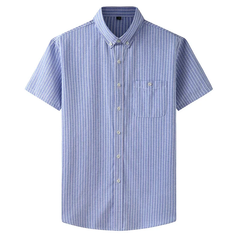 New Summer Men Striped Short Sleeve Shirt Men Dress Shirts Pure Color Business Work Button Up Shirt Big Social Korean Clothes