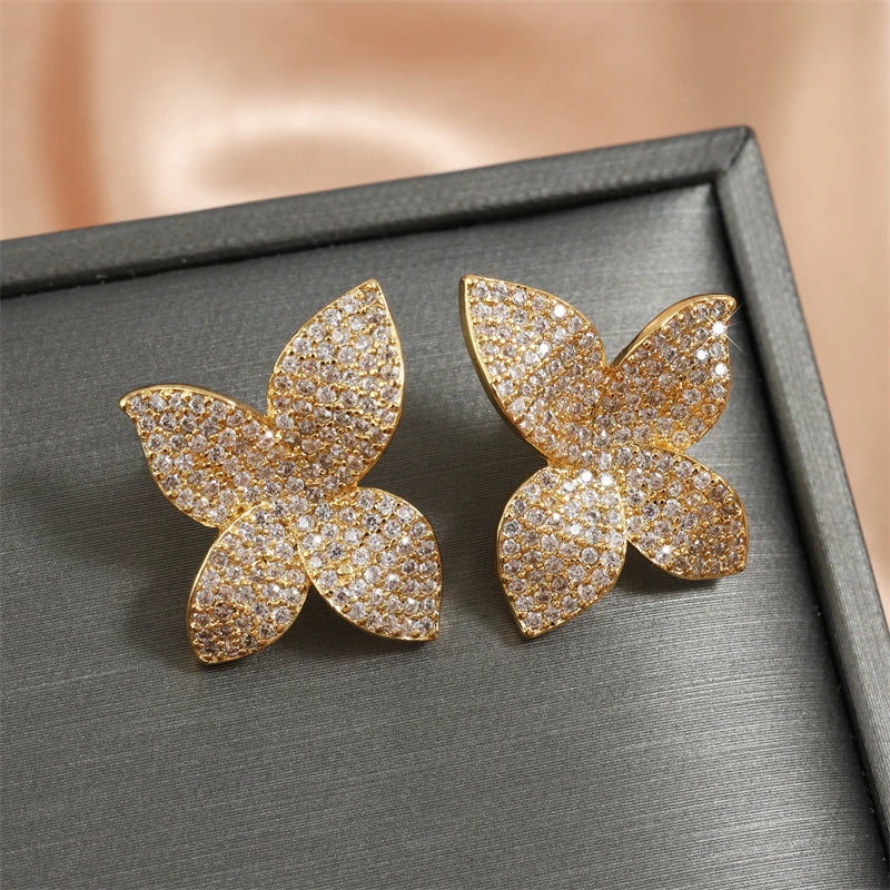RAKOL Exquisite Full Zircon Leaf Stud Earrings for Women Korean Luxury Jewelry Elegant Flower Earring Bridal Wedding Party