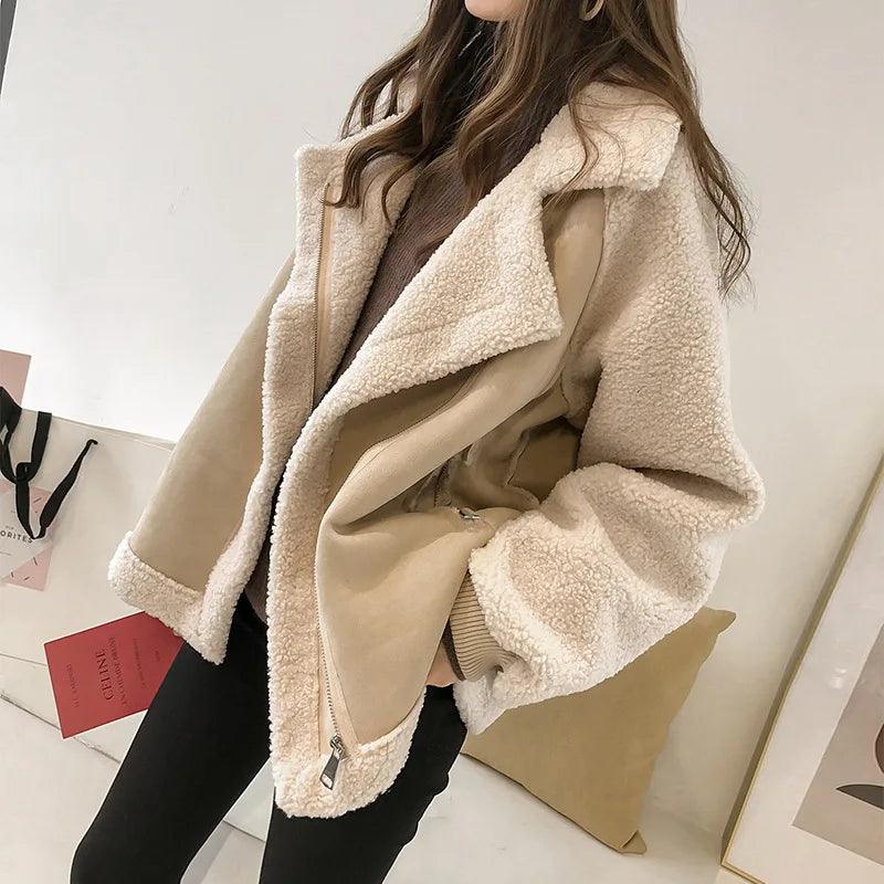 Jacket Women Bomber Coat Thickened Casual Loose Outerwear Clothing Pocket Lamb Hair Overcoat Autumn Winter Topcoat Plus Size - CRAVO ROSE