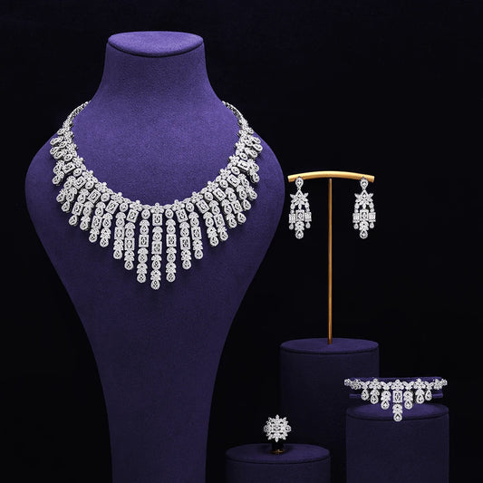 Fashion Women 4PCS Necklaces Set White Cubic Zirconia Bridal Wedding Jewelry Sets Dubai Saudi Arabia Party Accessories
