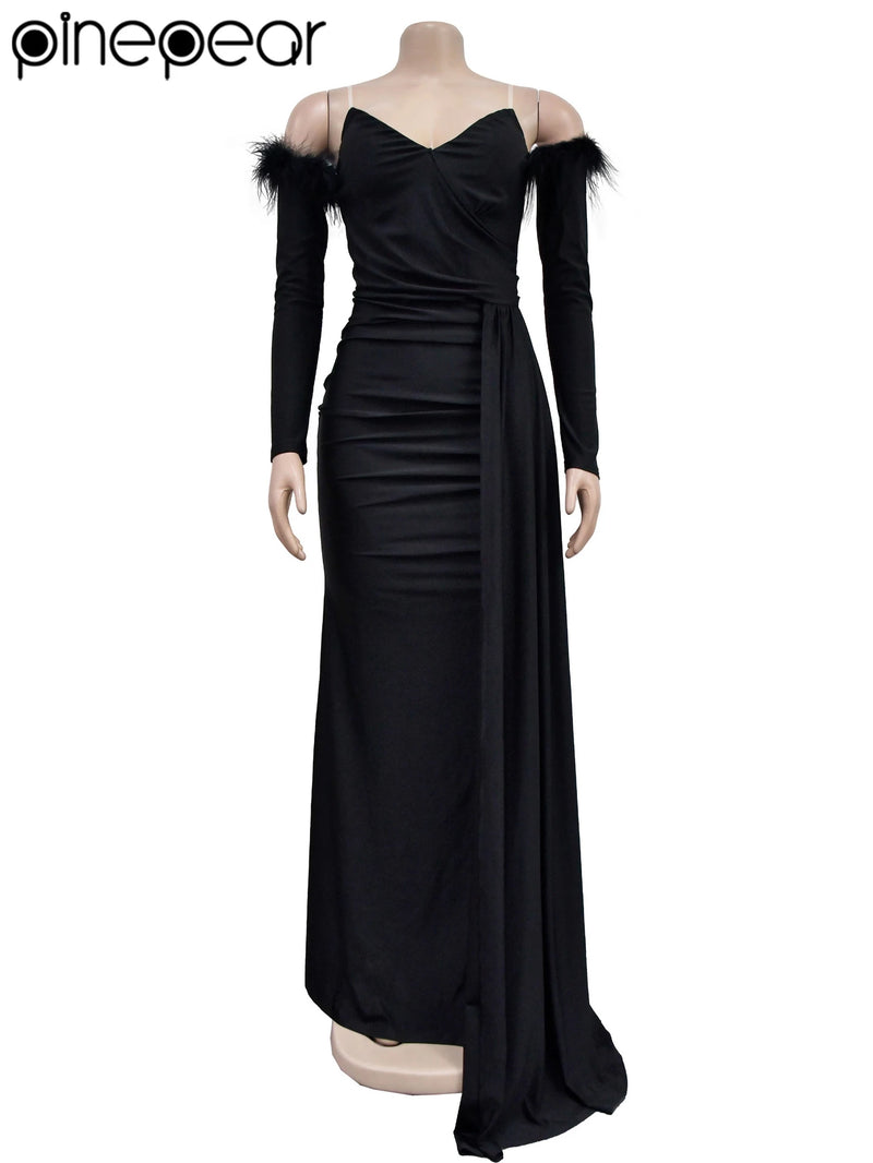 PinePear 2025 Winter Feather Full Sleeve Party Maxi Dress Women Strapless Backless High Slit Elegant Floor Length Wedding Dress