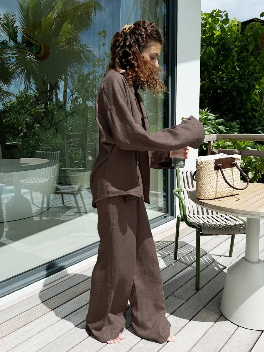 Women Casual Cozy Lapel Pink Shirt Pants Suits Fashion Single Breasted Blouses Elastic Waist Pant Set 2025 Spring Loose Outfits