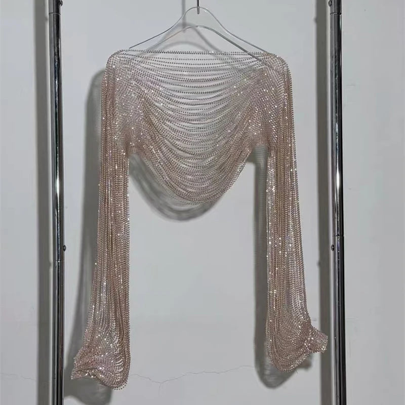 High Quality Diamond Necklace Accessories 2026 New Style Clothing Shawl Accessories Trendy Long Sleeved Crop Top Multi-Layer