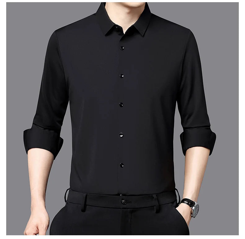 Camisa masculina premium ultraelástica - Camisa formal de manga comprida de seda de alta qualidade para uso social e casual