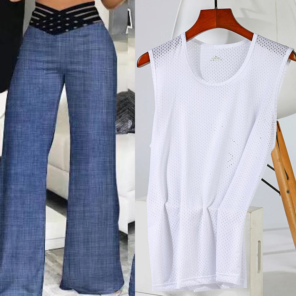 Women High Elastic Waist Wide Leg Loose Pants Summer Fashion Oversized Solid Color Dance Full Flare Trousers LRFZ-m040
