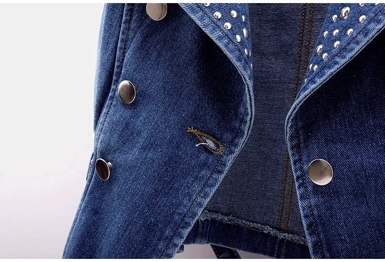 HLJ&GG Blue Fashion Denim Rivet Double-breasted Sleeveless Coats Women Lapel Slim Cowboy Vest Autumn New Tops Streetwear 2025