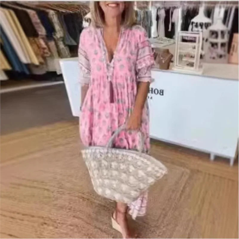 Boho Printed Chic V-neck Tassel Long Dress Women‘s Spring Pocket Party Dress Fall Half Lantern Sleeve Ruffles Maxi Dress Summer