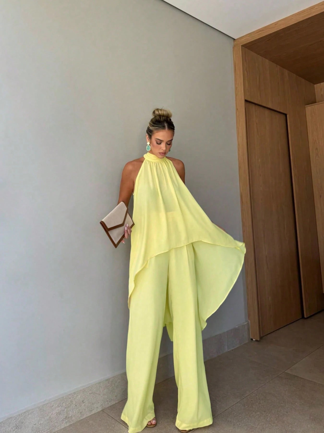 Ladies Elegant Chiffon Solid Color Semi-Transparent Top Bottoms Set Fashionable Translucent Outfit for Women