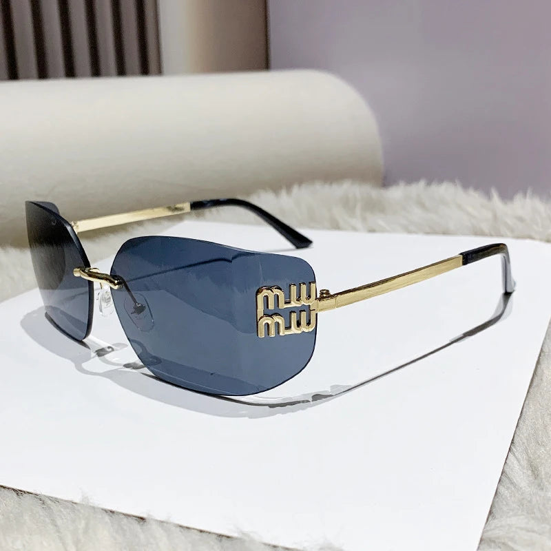 Classic Sun Glasses Female Funky Metal Luxury Rimless Sunglasses Women Brand Designer Rivets Rectangle Gradient Curved Shades