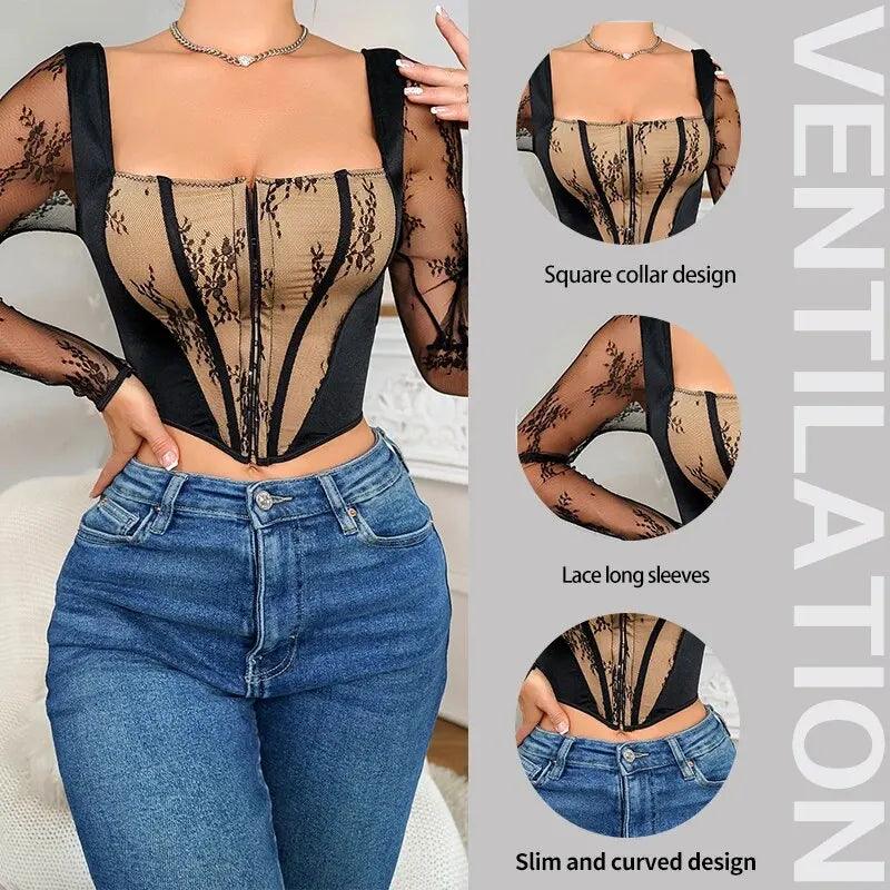 Women's Sexy Semi Transparent Long Sleeved Embroidered Lace Patchwork Hollow out Tight Fitting Design Square Neck Casual Top - CRAVO ROSE