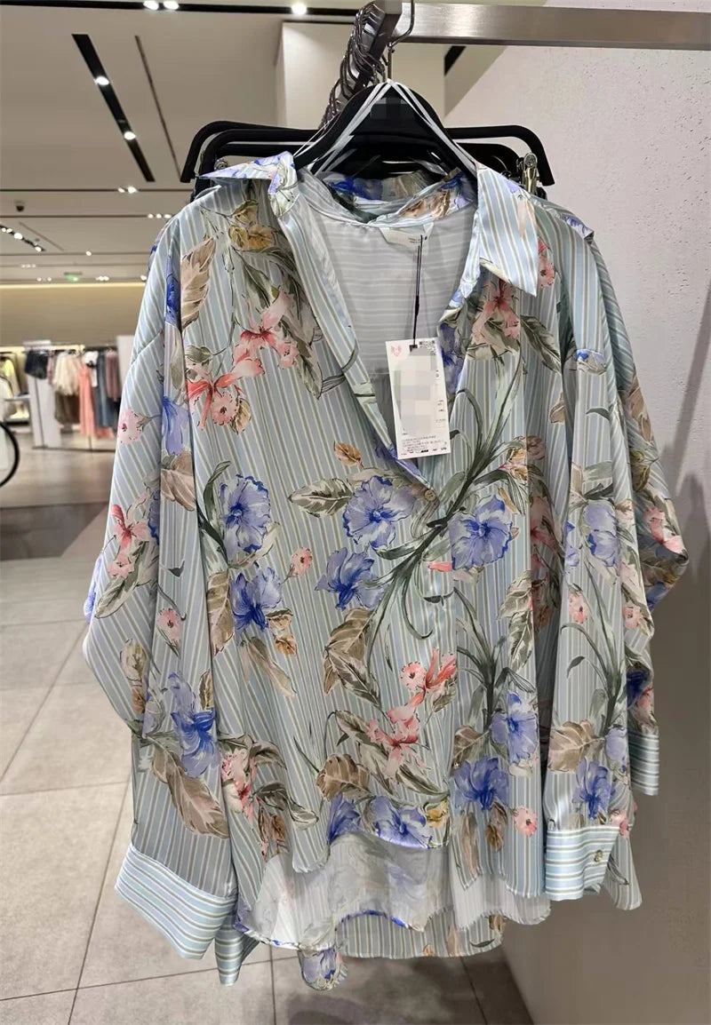 Women's Shirt 2026 Summer New Style Floral Print Long Sleeve Satin Textured Loose Shirt Beach Vacation Relaxed and Lazy