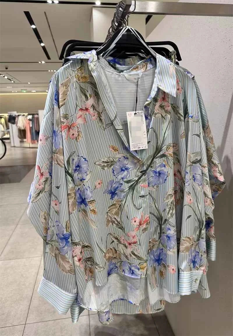 Women's Shirt 2026 Summer New Style Floral Print Long Sleeve Satin Textured Loose Shirt Beach Vacation Relaxed and Lazy