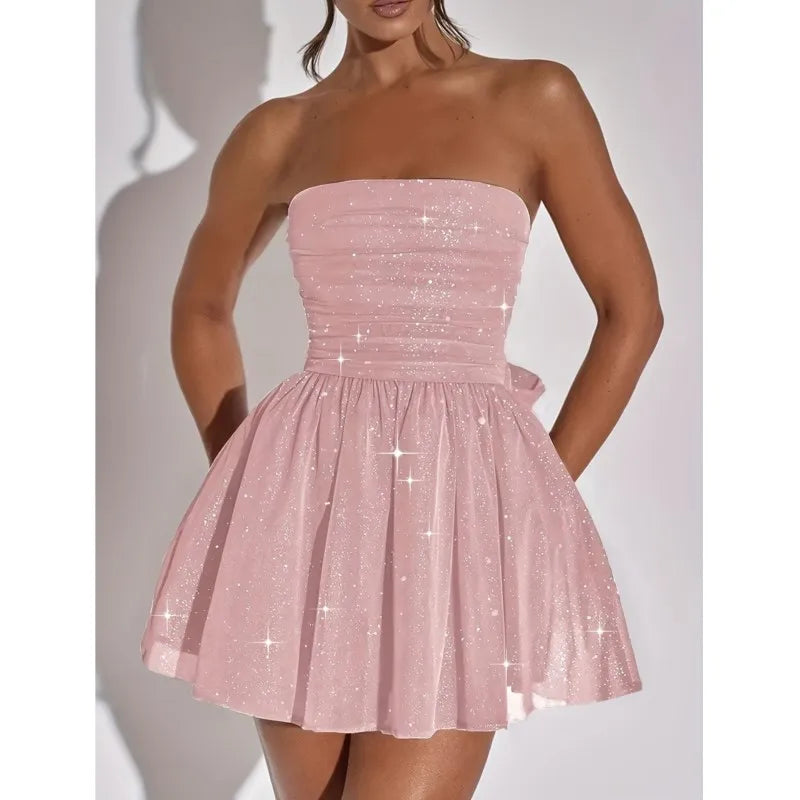 2025 Sexy Elegant Glitter Strapless Dress Fashion Sleeveless Off Shoulder Mid-skirt Breast Wrap Slim Mesh Dress Evening Dresses
