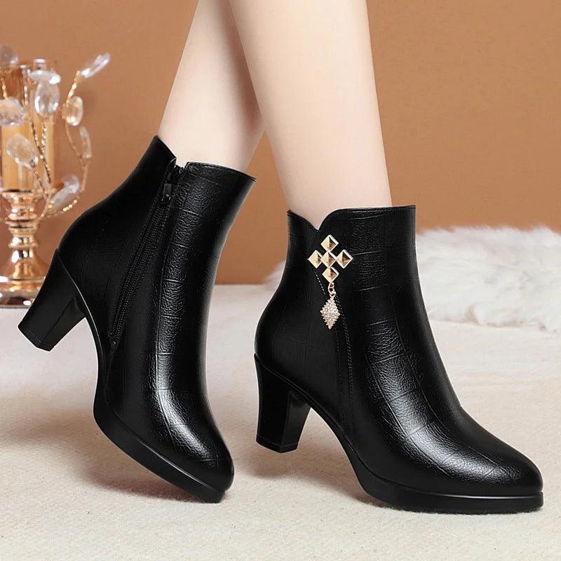 Women High Heels Soft Leather Ankle Boots Autumn Winter Platform Plush Boots Brand Fashion Point Toe Middle Heel Cotton Shoes - CRAVO ROSE