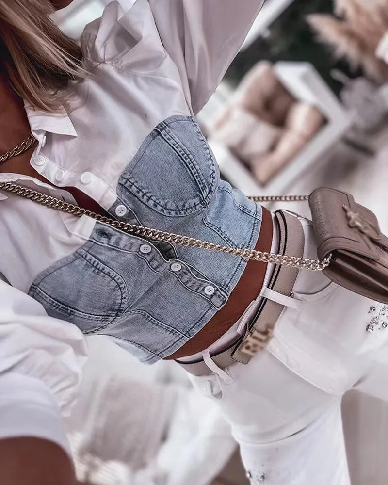 Camisa branca detalhe jeans emendado, feminino TShirts