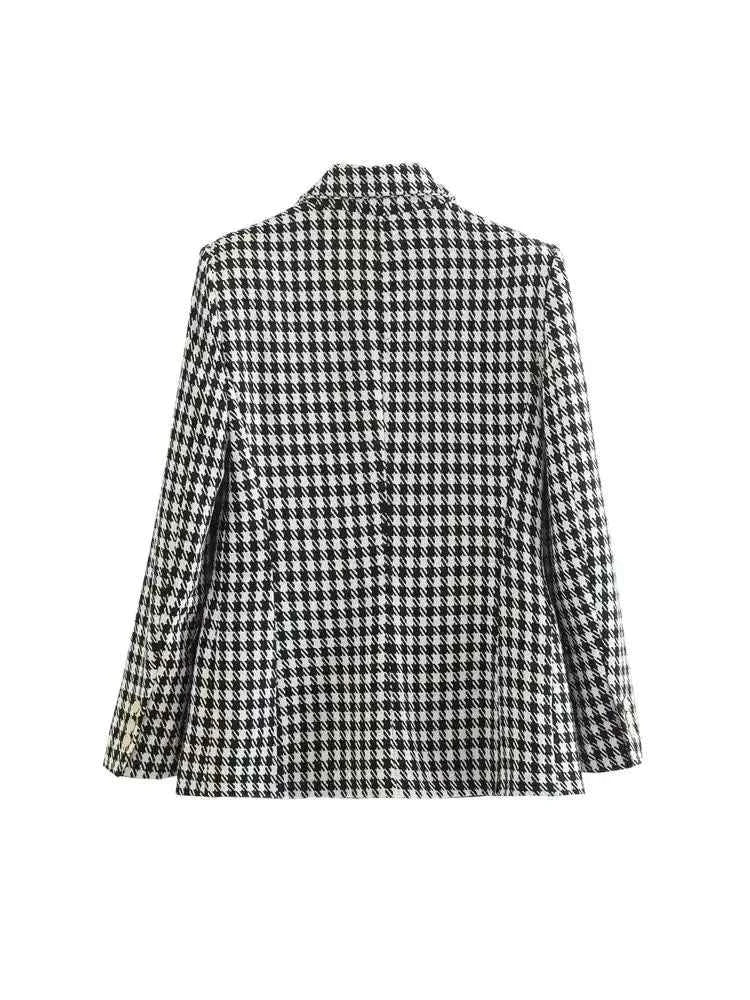 Women Fashion Double Breasted Houndstooth Blazer Coat Vintage Long Sleeve Flap Pockets Female Outerwear Chic Vestes