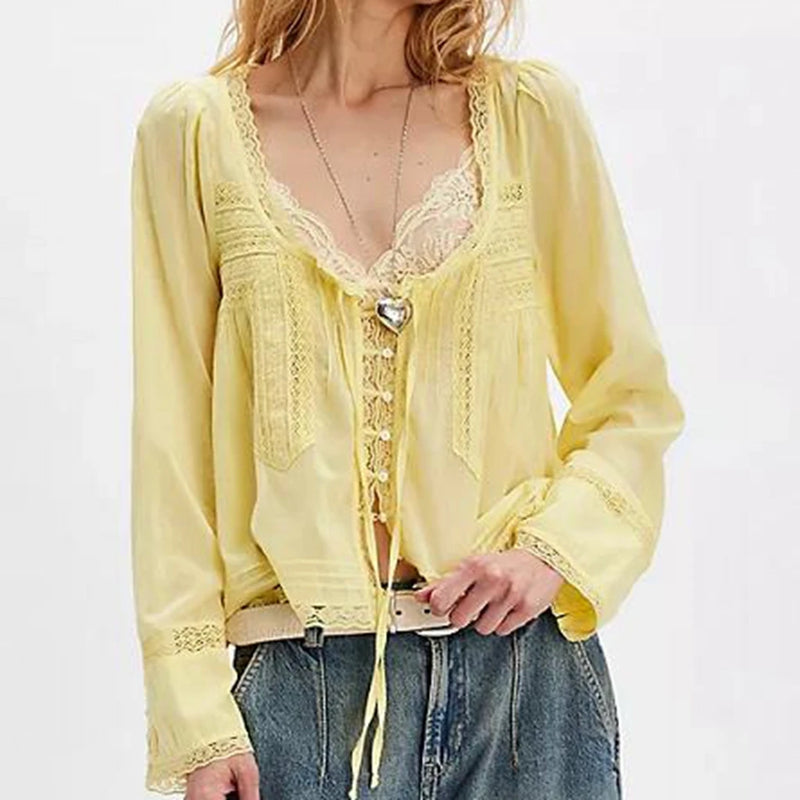 Blusa feminina Combhasaki Y2K Fairy, manga comprida, gola quadrada, patchwork de renda, amarração frontal transparente, blusa curta com botões