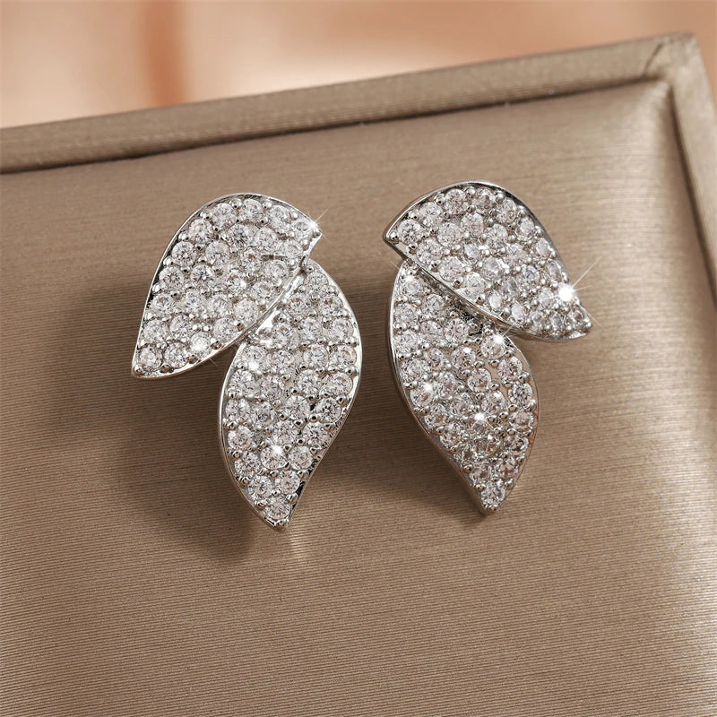 RAKOL Exquisite Full Zircon Leaf Stud Earrings for Women Korean Luxury Jewelry Elegant Flower Earring Bridal Wedding Party