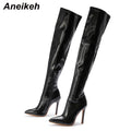 Botas Femininas Listradas de Salto Fino de 11 CM  Sexy Acima do Joelho com Zíper Lateral e Bico Fino