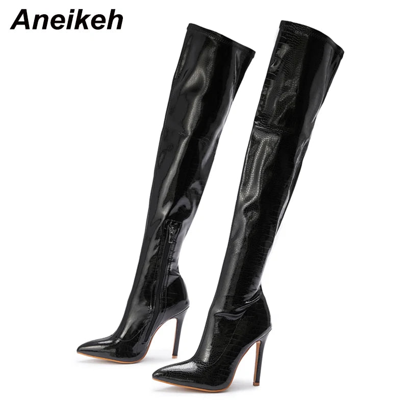 Botas Femininas Listradas de Salto Fino de 11 CM  Sexy Acima do Joelho com Zíper Lateral e Bico Fino